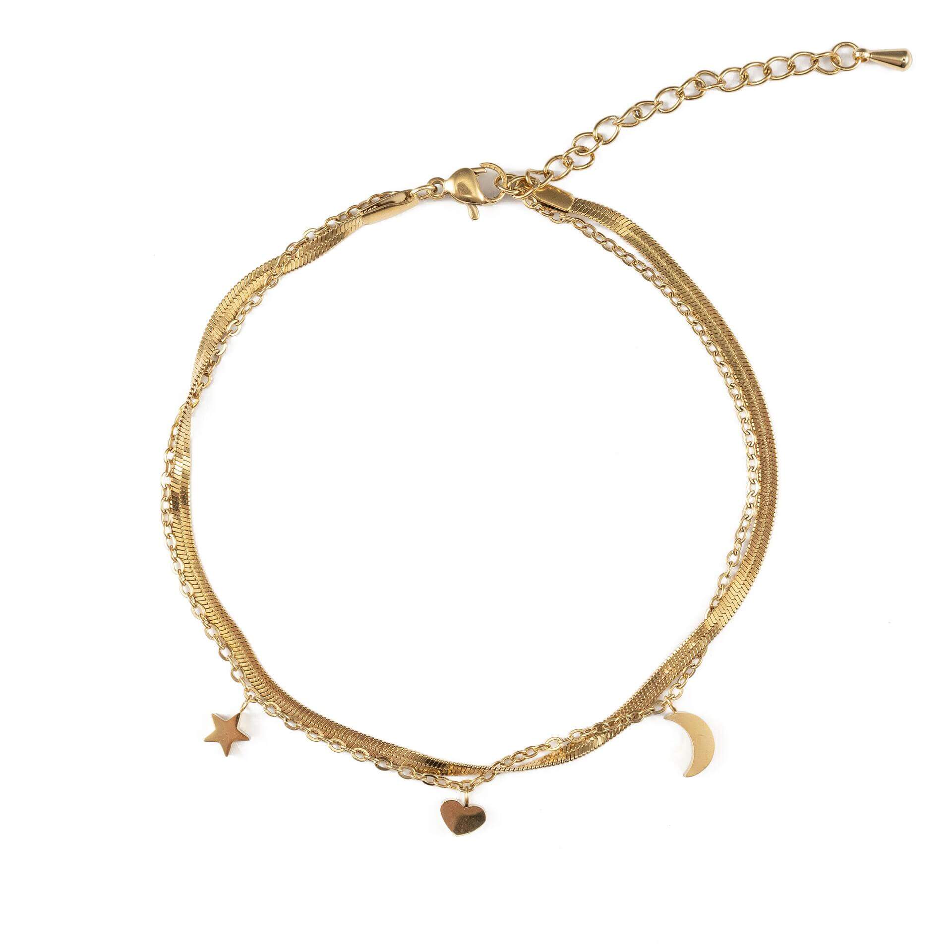 Двойна гривна за глезен с висящи символи луна, сърце и звезда, златисто покритие, подходяща за ежедневна употреба.