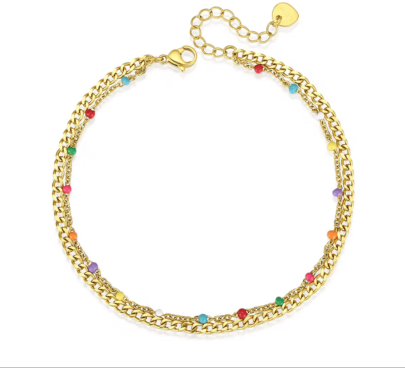 Двойна гривна за глезен с цветни камъчета и златисто покритие, идеална за летни дни.